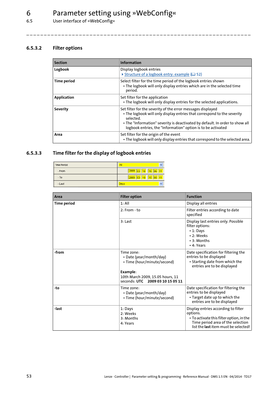 2 filter options, 3 time filter for the display of logbook entries, Filter options | Time filter for the display of logbook entries, 6parameter setting using »webconfig | Lenze c300 User Manual | Page 53 / 195