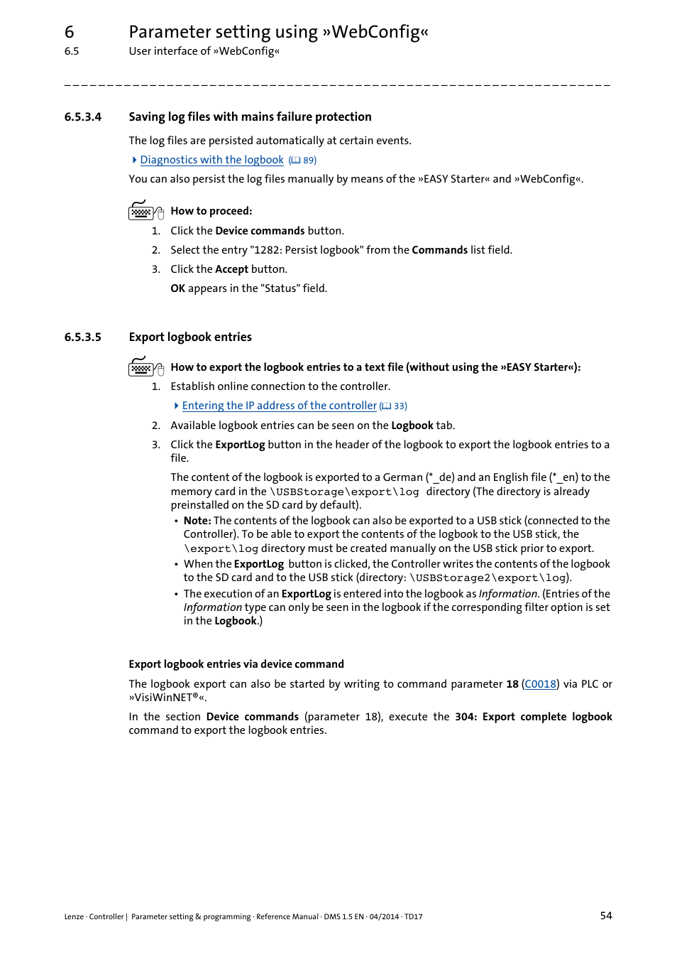 4 saving log files with mains failure protection, 5 export logbook entries, Saving log files with mains failure protection | Export logbook entries, 6parameter setting using »webconfig | Lenze c300 User Manual | Page 54 / 195