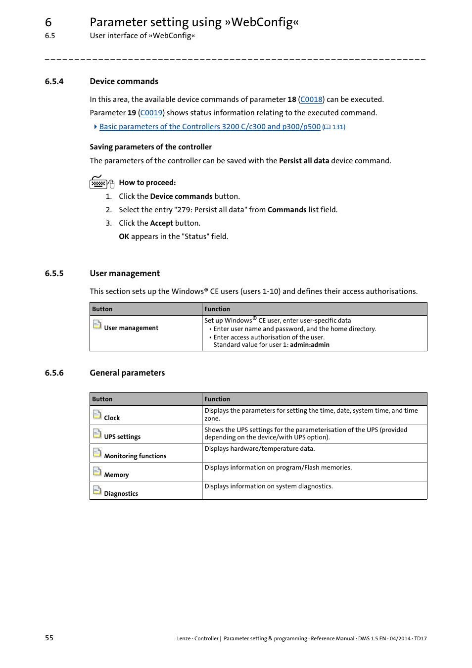 4 device commands, 5 user management, 6 general parameters | Device commands, User management, General parameters, User management ( 55), General parameters ( 55), 6parameter setting using »webconfig | Lenze c300 User Manual | Page 55 / 195