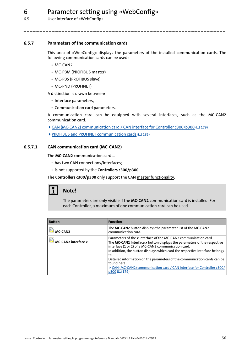 7 parameters of the communication cards, 1 can communication card (mc-can2), Parameters of the communication cards | Can communication card (mc-can2), Parameters of the communication cards ( 56), 6parameter setting using »webconfig | Lenze c300 User Manual | Page 56 / 195