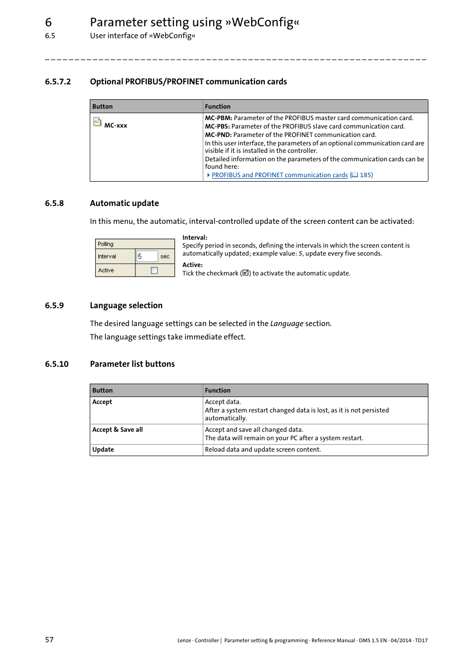 2 optional profibus/profinet communication cards, 8 automatic update, 9 language selection | 10 parameter list buttons, Optional profibus/profinet communication cards, Automatic update, Language selection, Automatic update ( 57), Language selection ( 57), Parameter list buttons ( 57) | Lenze c300 User Manual | Page 57 / 195