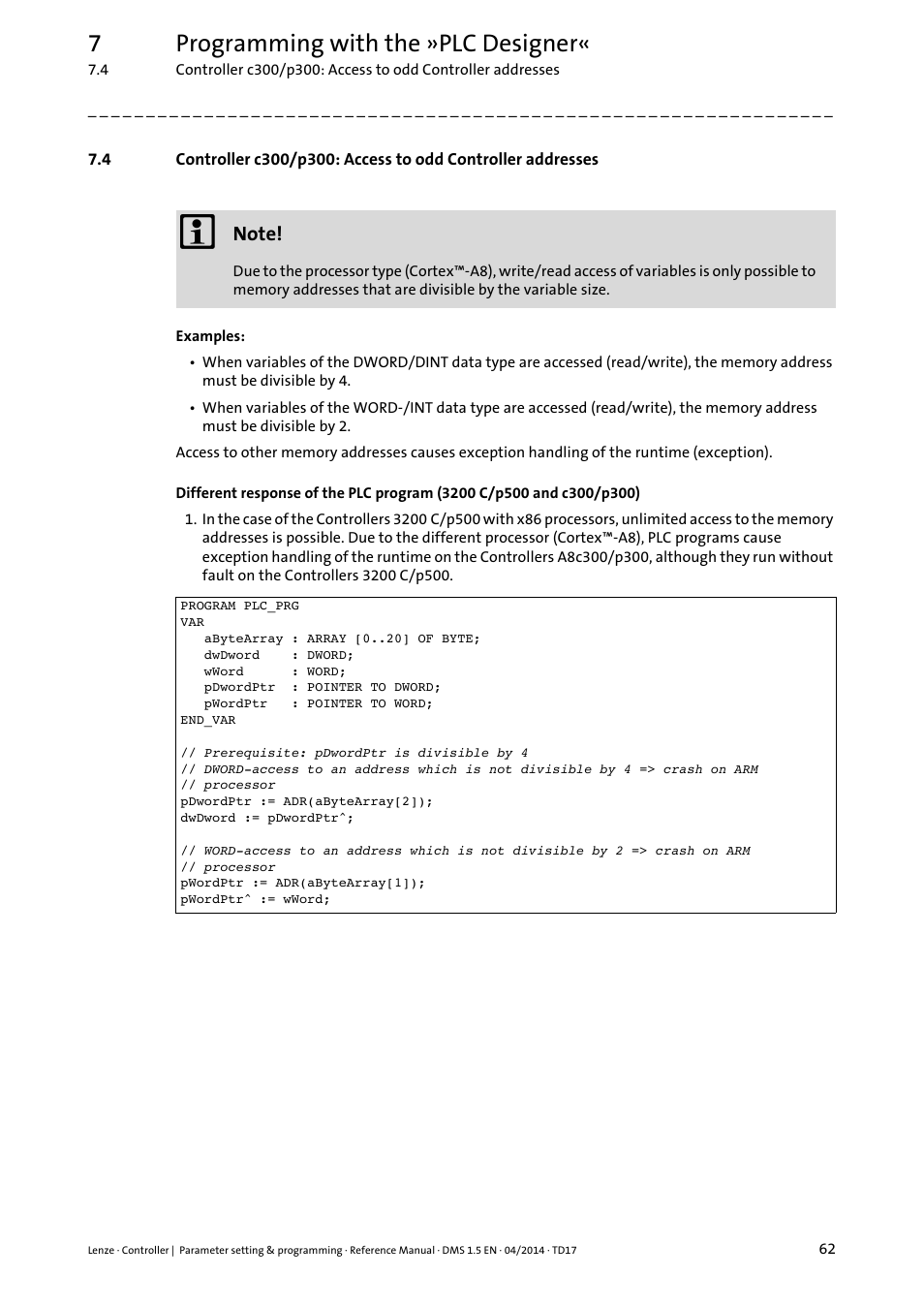 7programming with the »plc designer | Lenze c300 User Manual | Page 62 / 195