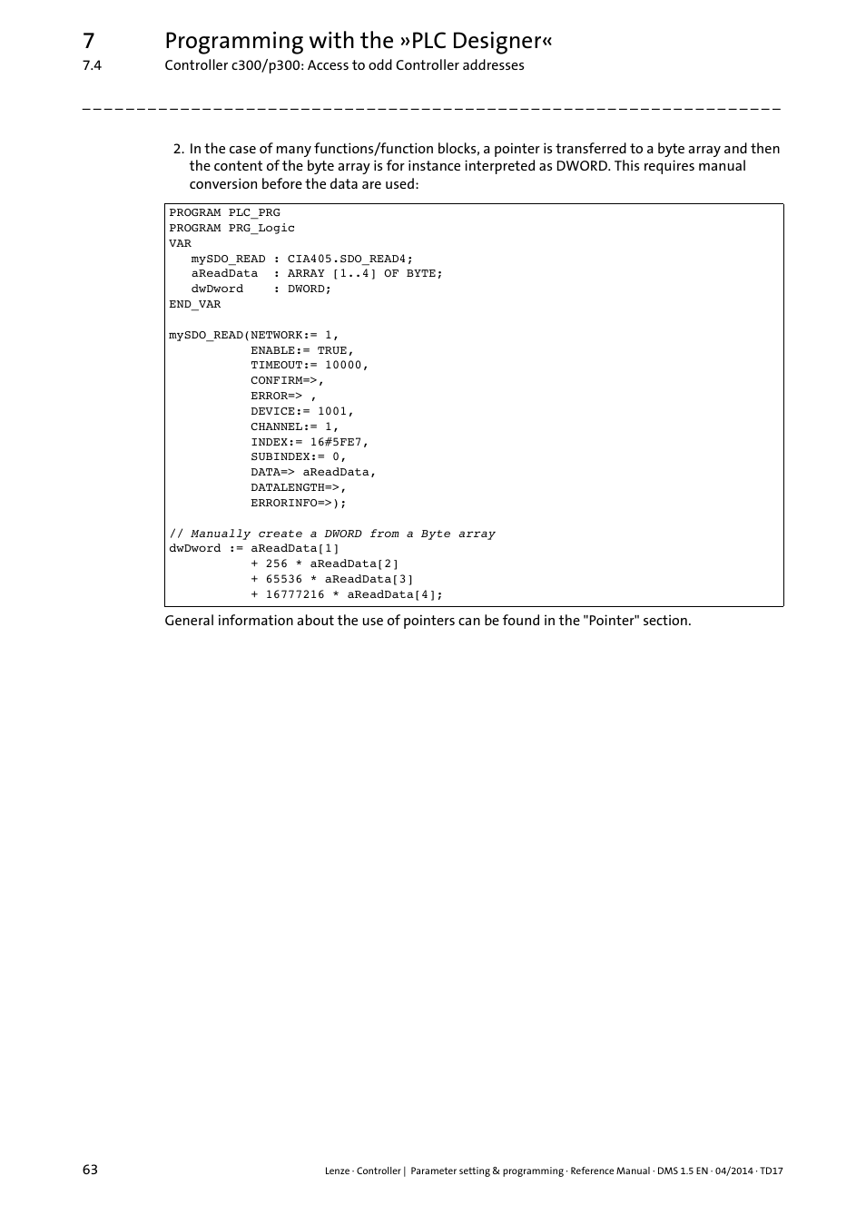 7programming with the »plc designer | Lenze c300 User Manual | Page 63 / 195