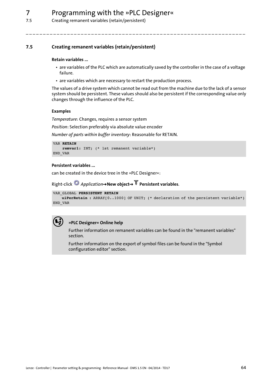 5 creating remanent variables (retain/persistent), Creating remanent variables (retain/persistent), 7programming with the »plc designer | Lenze c300 User Manual | Page 64 / 195