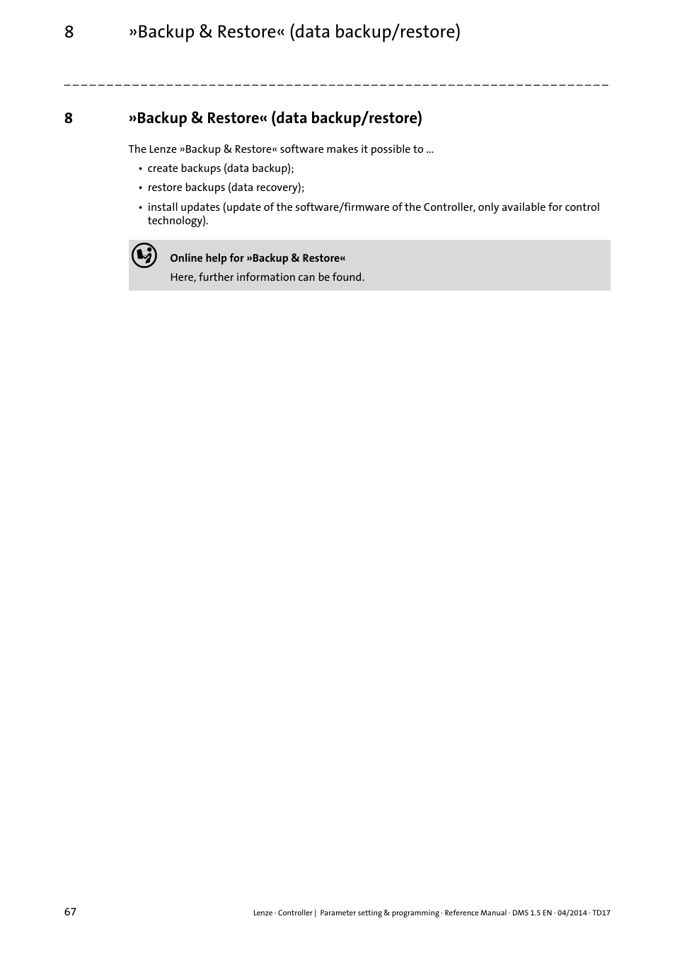 8 »backup & restore« (data backup/restore), Backup & restore« (data backup/restore), 8»backup & restore« (data backup/restore) | Lenze c300 User Manual | Page 67 / 195