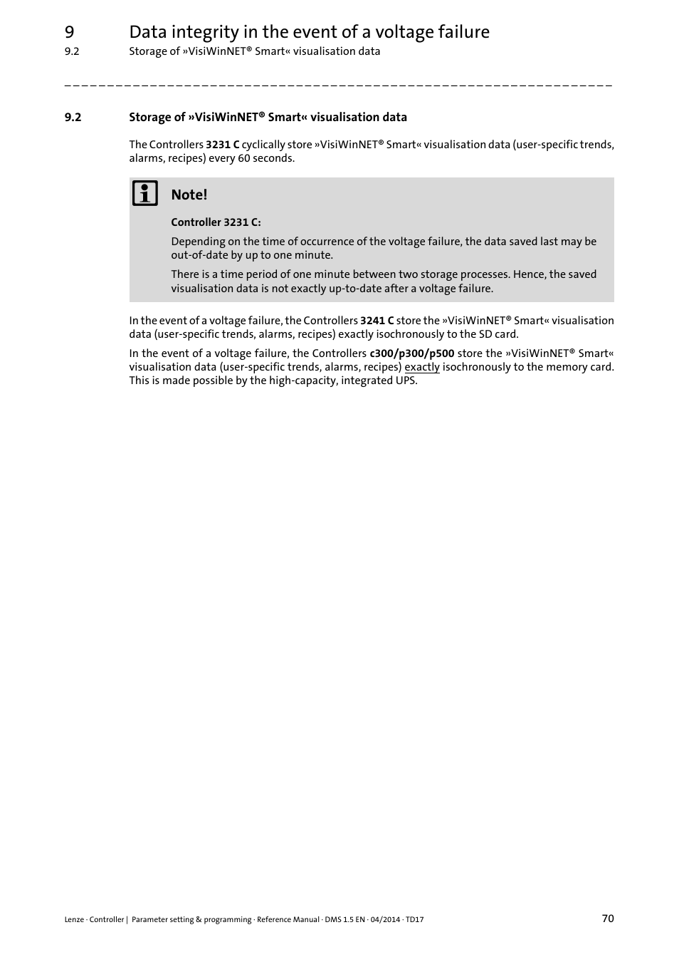 Storage of »visiwinnet® smart« visualisation data, 9data integrity in the event of a voltage failure | Lenze c300 User Manual | Page 70 / 195