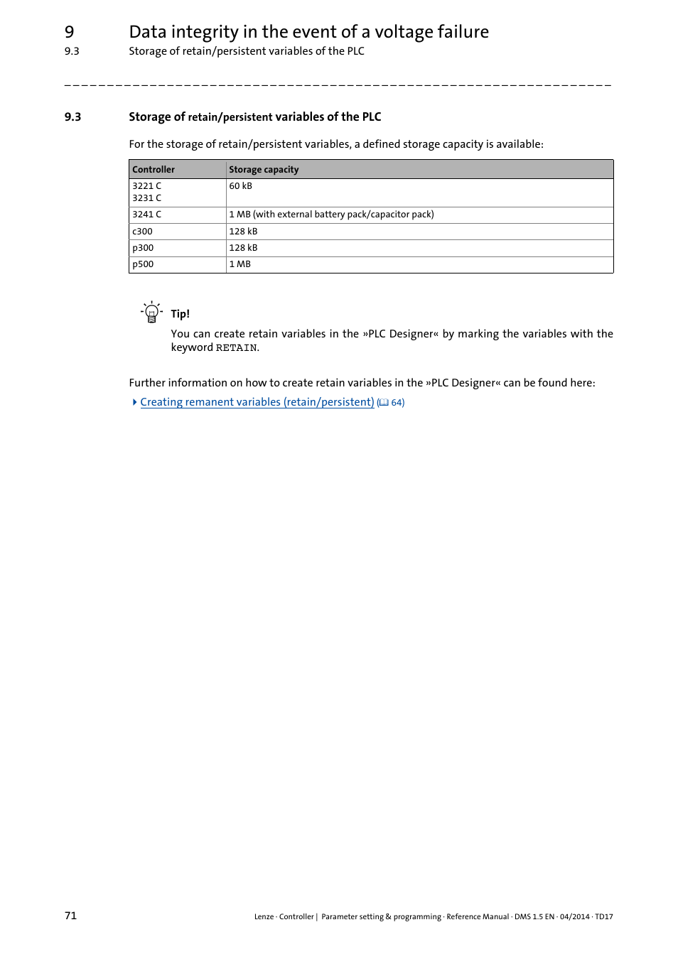 Storage o, 9data integrity in the event of a voltage failure | Lenze c300 User Manual | Page 71 / 195