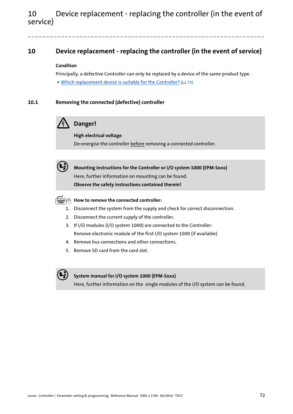 1 removing the connected (defective) controller | Lenze c300 User Manual | Page 72 / 195