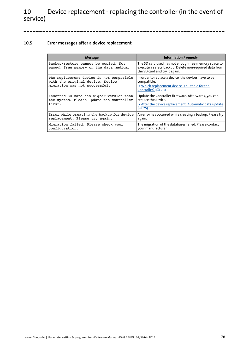 5 error messages after a device replacement, Error messages after a device replacement | Lenze c300 User Manual | Page 78 / 195