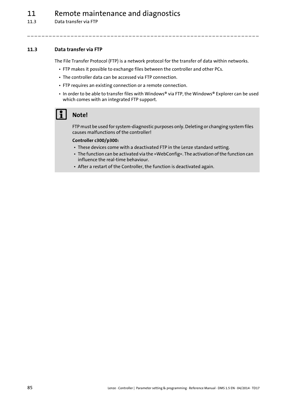 3 data transfer via ftp, Data transfer via ftp, 11 remote maintenance and diagnostics | Lenze c300 User Manual | Page 85 / 195