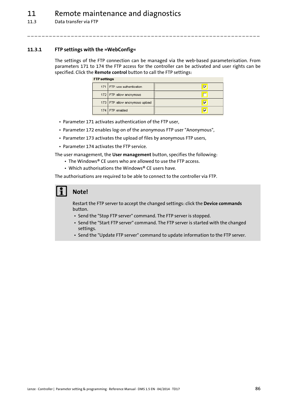 1 ftp settings with the »webconfig, 11 remote maintenance and diagnostics | Lenze c300 User Manual | Page 86 / 195