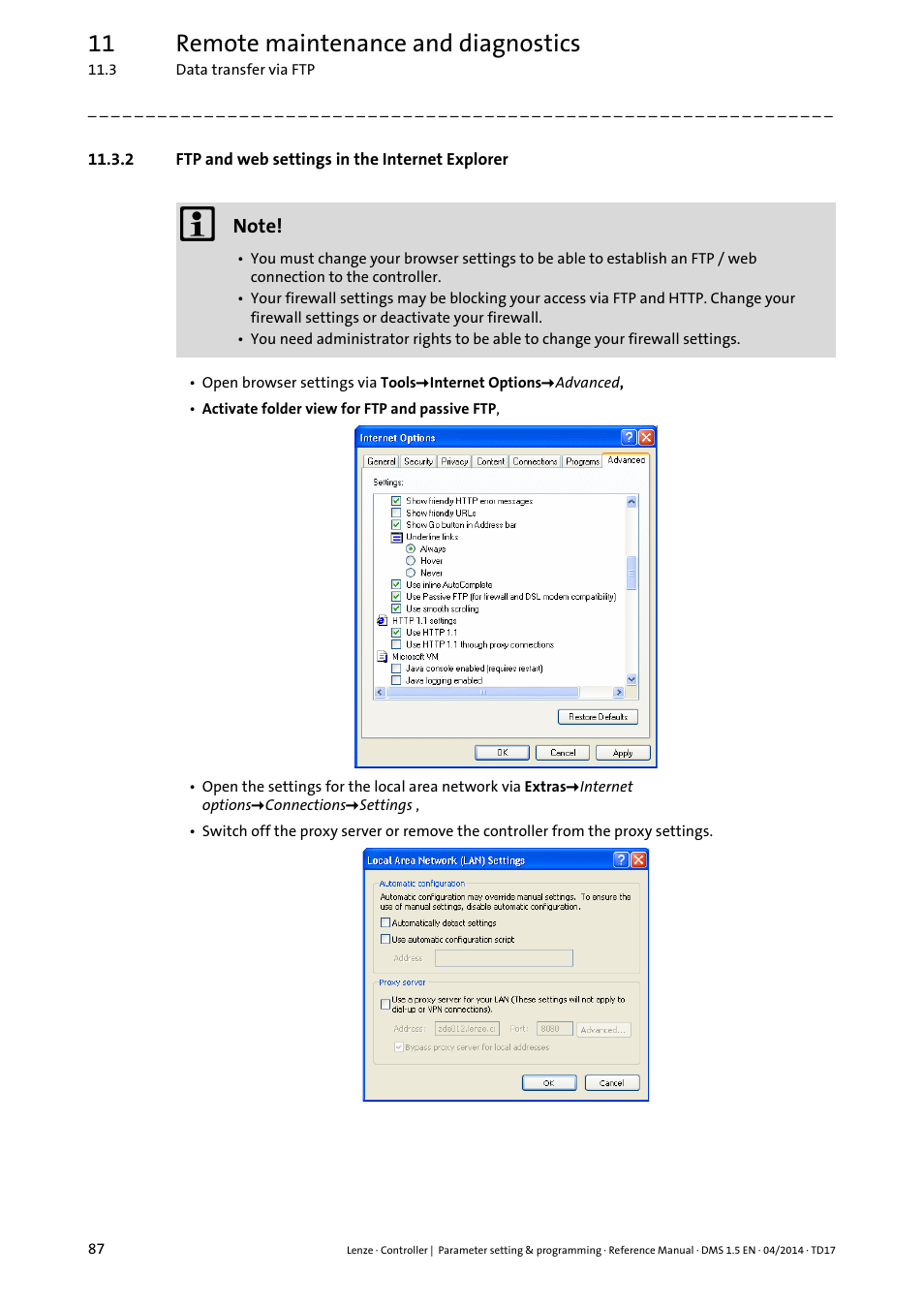 2 ftp and web settings in the internet explorer, 11 remote maintenance and diagnostics | Lenze c300 User Manual | Page 87 / 195