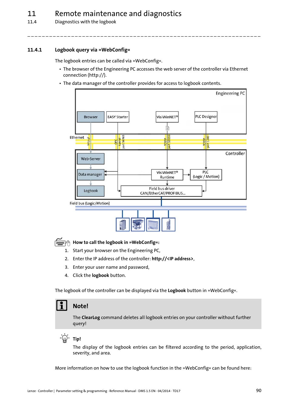 1 logbook query via »webconfig, 11 remote maintenance and diagnostics | Lenze c300 User Manual | Page 90 / 195