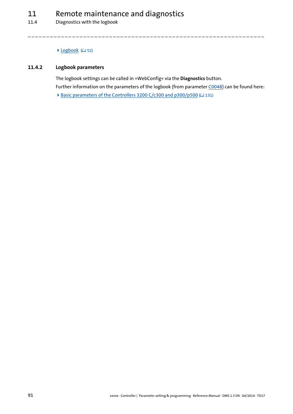 2 logbook parameters, 11 remote maintenance and diagnostics | Lenze c300 User Manual | Page 91 / 195