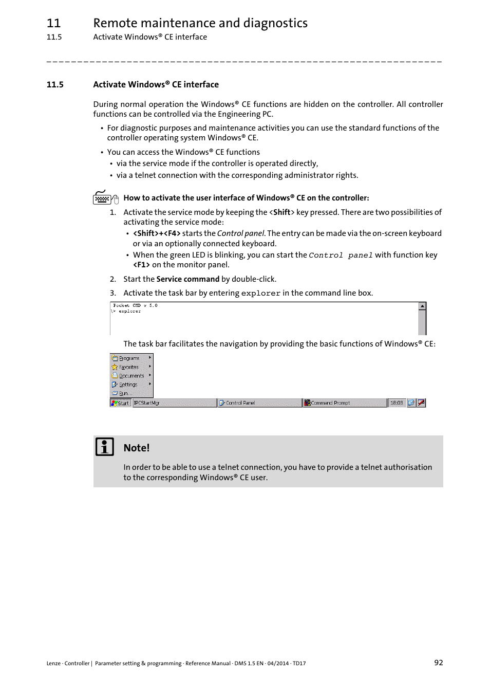 5 activate windows® ce interface, Activate windows® ce interface, 11 remote maintenance and diagnostics | Lenze c300 User Manual | Page 92 / 195