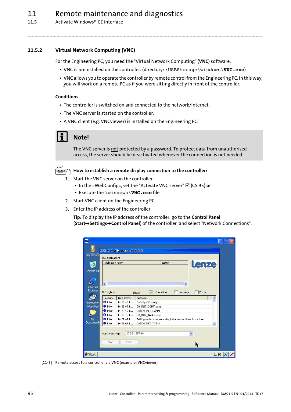 2 virtual network computing (vnc), 11 remote maintenance and diagnostics | Lenze c300 User Manual | Page 95 / 195