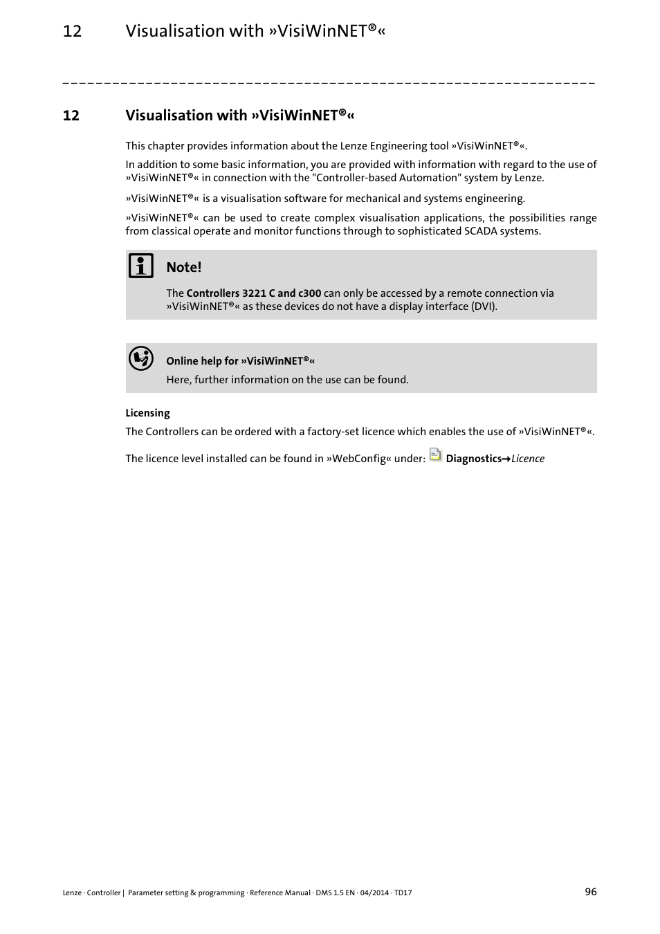 12 visualisation with »visiwinnet, Visualisation with »visiwinnet | Lenze c300 User Manual | Page 96 / 195