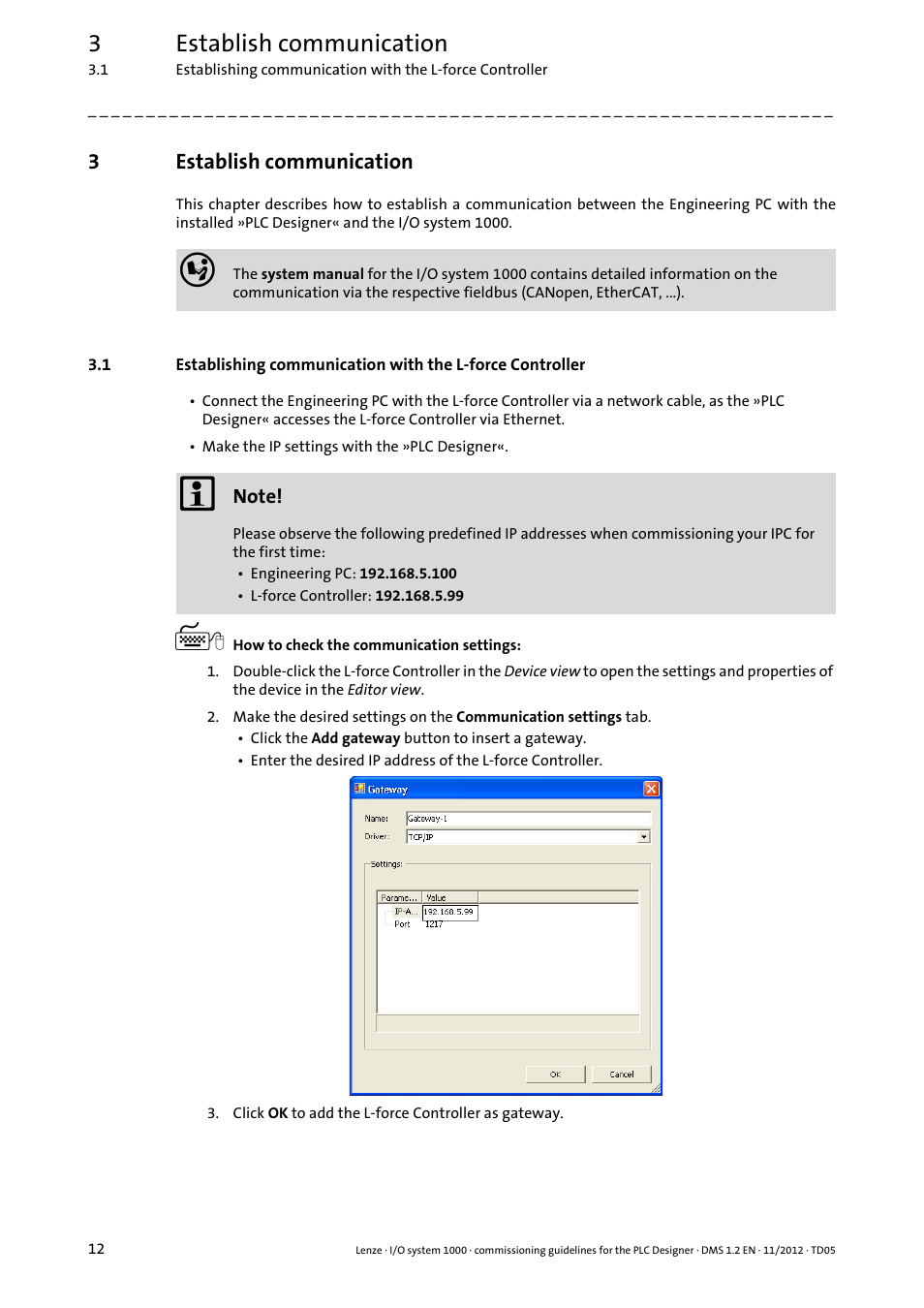 3 establish communication, Establish communication, 3establish communication | Lenze I/O system 1000 User Manual | Page 12 / 44