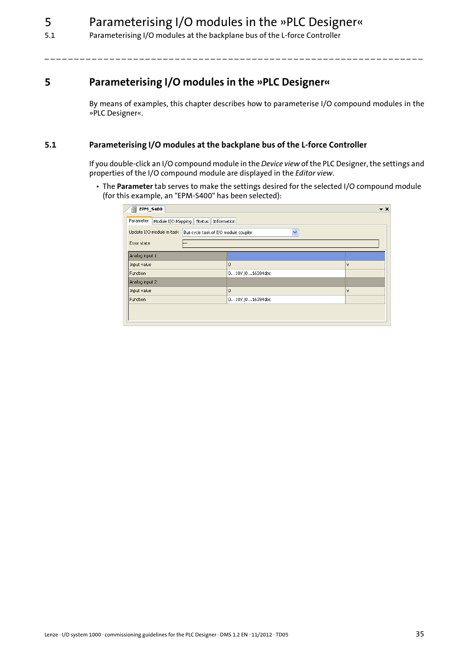 5 parameterising i/o modules in the »plc designer, Parameterising i/o modules in the »plc designer, 5parameterising i/o modules in the »plc designer | Lenze I/O system 1000 User Manual | Page 35 / 44