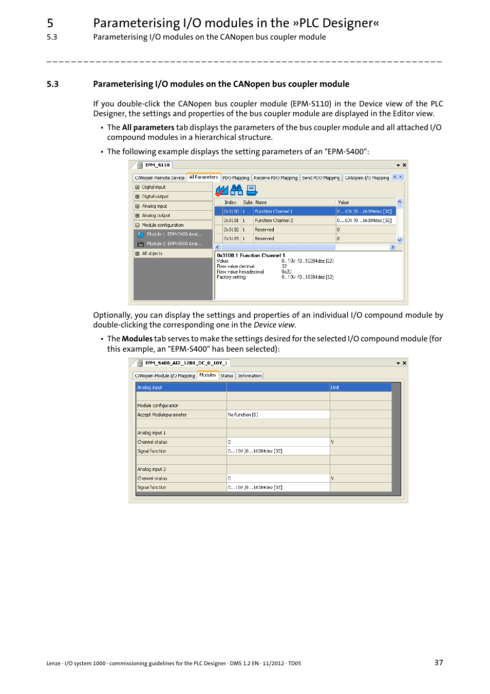 5parameterising i/o modules in the »plc designer | Lenze I/O system 1000 User Manual | Page 37 / 44