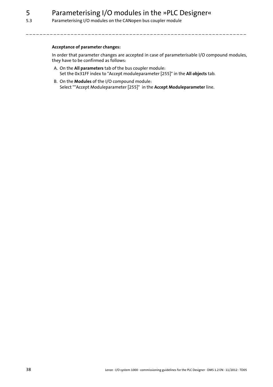5parameterising i/o modules in the »plc designer | Lenze I/O system 1000 User Manual | Page 38 / 44