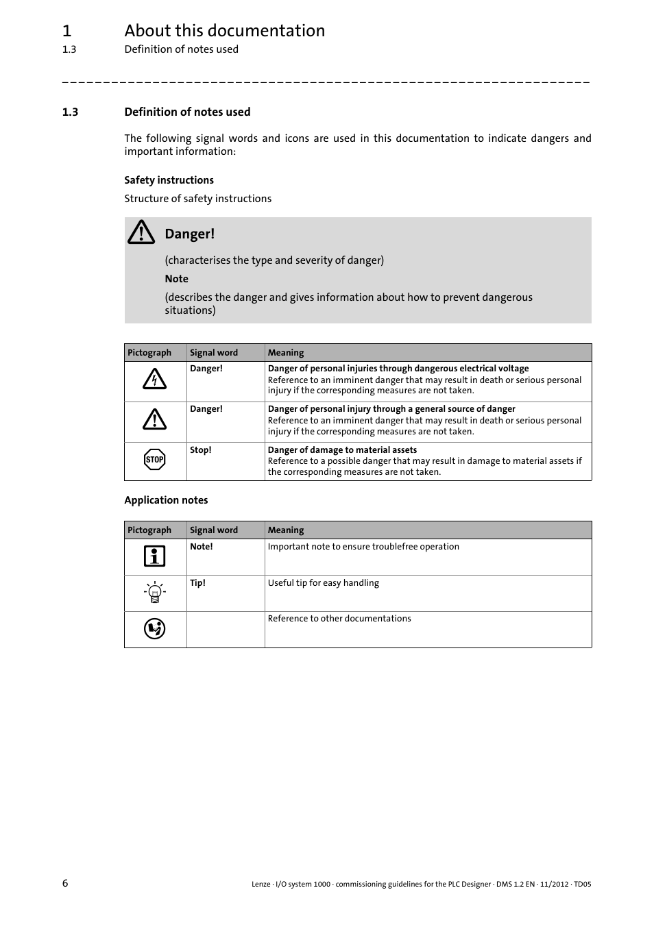 3 definition of notes used, Definition of notes used, 1about this documentation | Lenze I/O system 1000 User Manual | Page 6 / 44