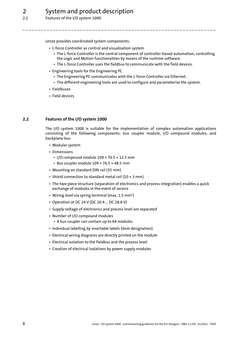 2 features of the i/o system 1000, Features of the i/o system 1000, 2system and product description | Lenze I/O system 1000 User Manual | Page 8 / 44