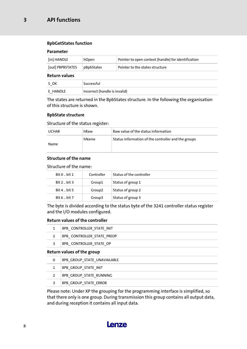 Bpbgetstates function, Bpbstate structure, Structure of the name | 3 api functions | Lenze 3241C User Manual | Page 10 / 32