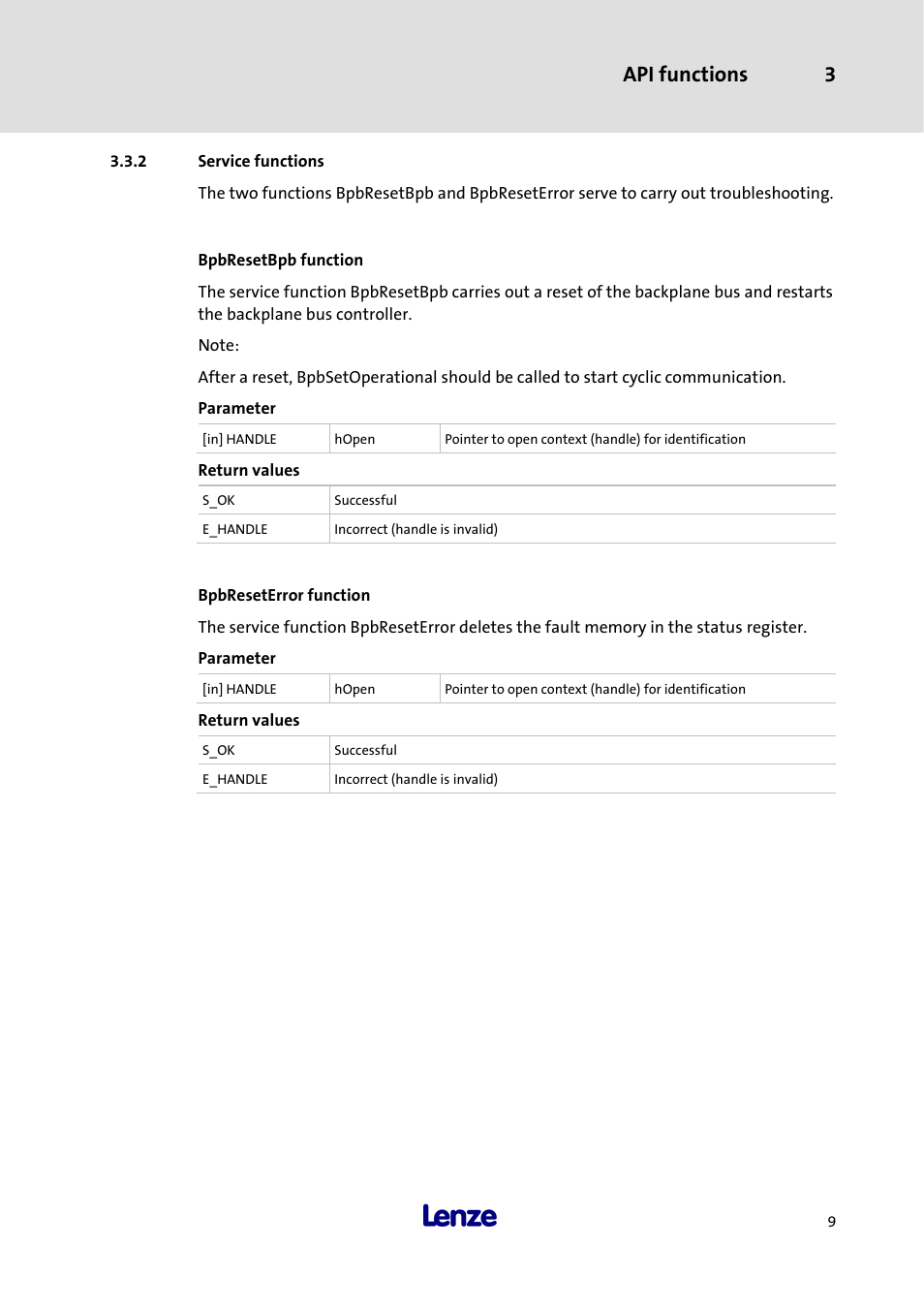 2 service functions, Bpbresetbpb function, Bpbreseterror function | Service functions, Api functions 3 | Lenze 3241C User Manual | Page 11 / 32