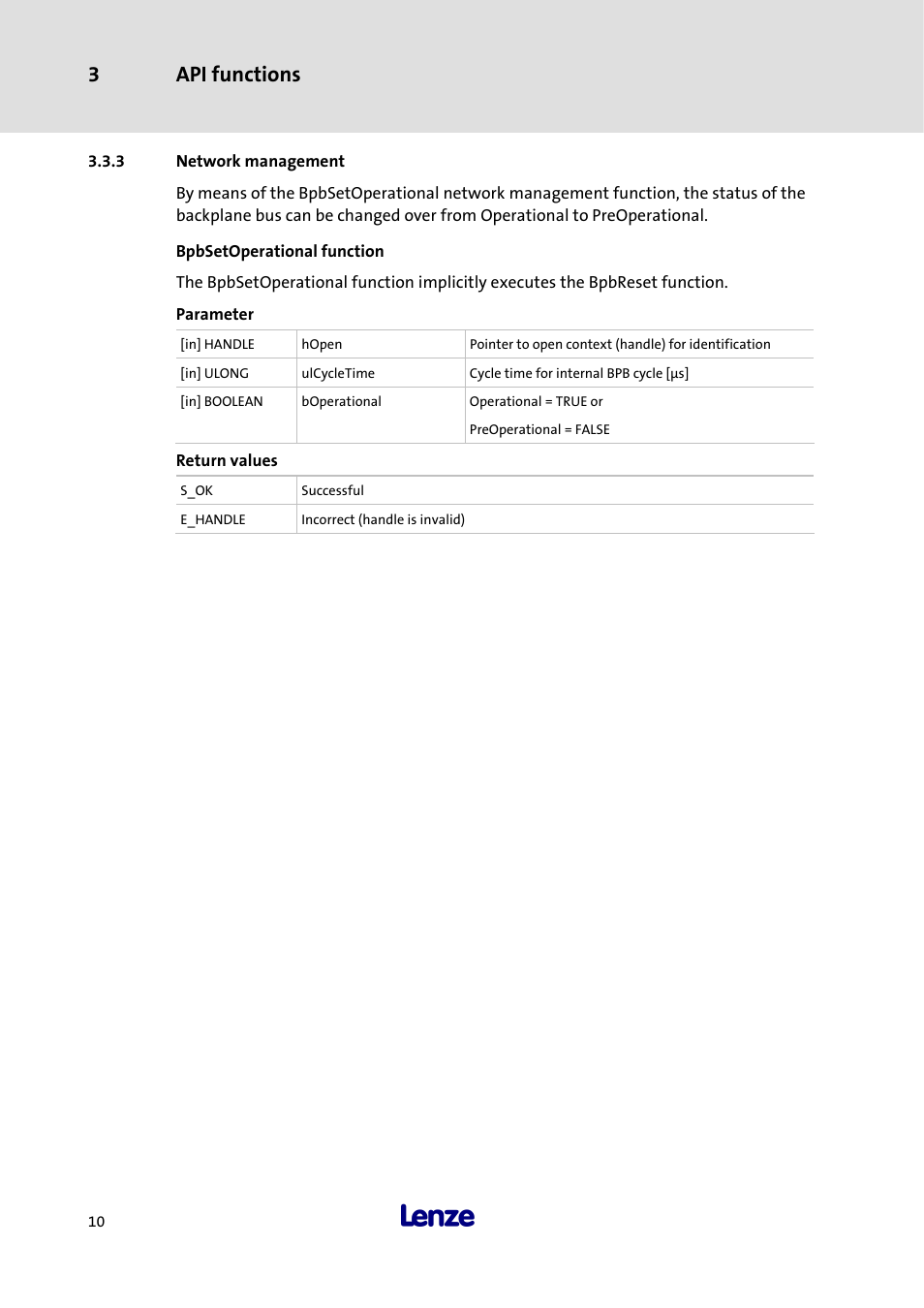 3 network management, Bpbsetoperational function, Network management | 3 api functions | Lenze 3241C User Manual | Page 12 / 32