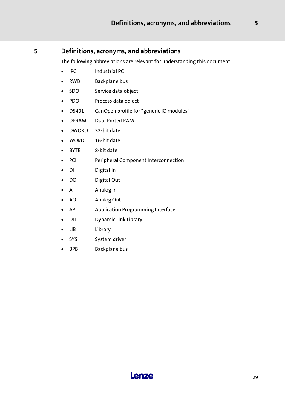 5 definitions, acronyms, and abbreviations, Definitions, acronyms, and abbreviations, Definitions, acronyms, and abbreviations 5 | 5definitions, acronyms, and abbreviations | Lenze 3241C User Manual | Page 31 / 32