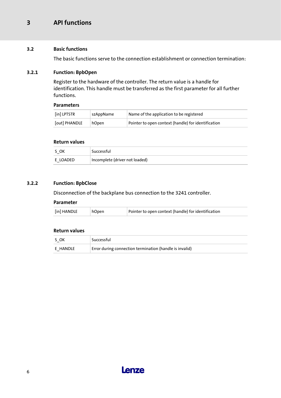 2 basic functions, 1 function: bpbopen, 2 function: bpbclose | Basic functions 3.2.1, Function: bpbopen, Function: bpbclose, 3 api functions | Lenze 3241C User Manual | Page 8 / 32