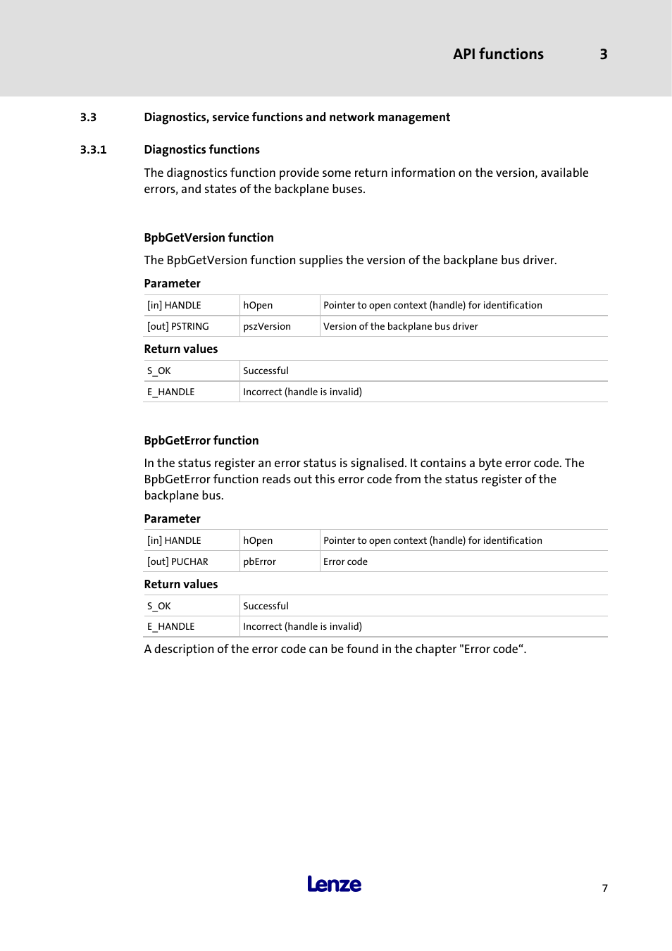 1 diagnostics functions, Bpbgetversion function, Bpbgeterror function | Diagnostics functions, Api functions 3 | Lenze 3241C User Manual | Page 9 / 32