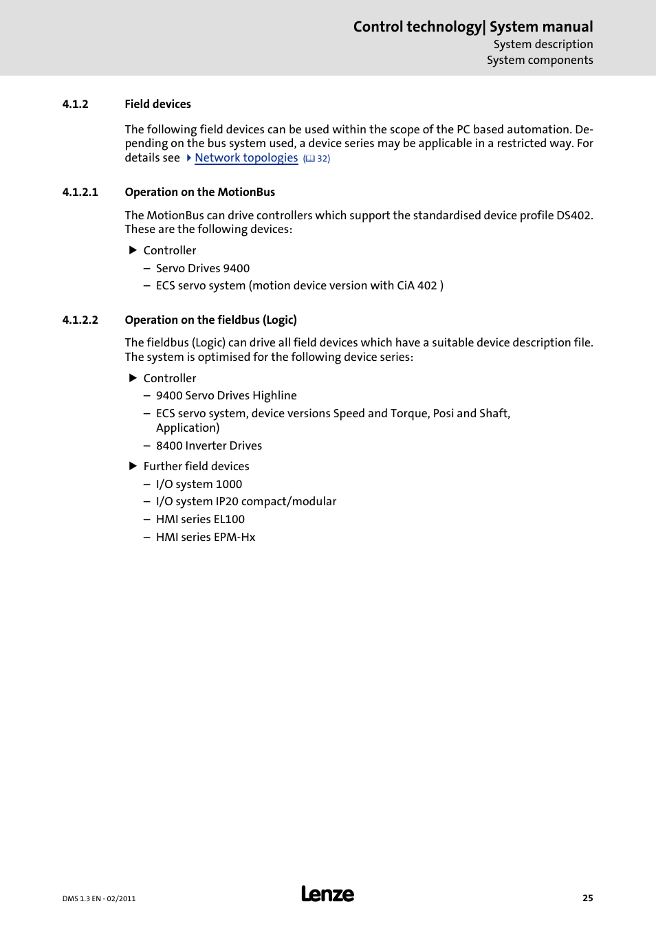 2 field devices, 1 operation on the motionbus, 2 operation on the fieldbus (logic) | Operation on the motionbus, Operation on the fieldbus (logic), Control technology| system manual | Lenze PC-based automation User Manual | Page 25 / 60