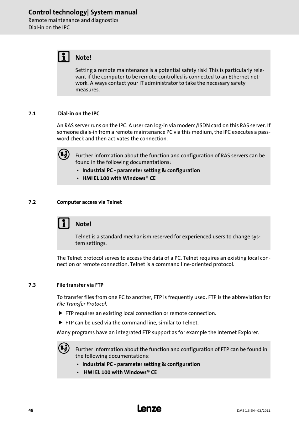 1 dial-in on the ipc, 2 computer access via telnet, 3 file transfer via ftp | Lenze PC-based automation User Manual | Page 48 / 60