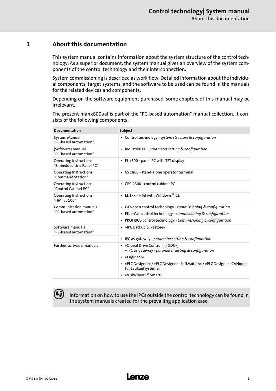 1 about this documentation, About this documentation, Control technology| system manual | 1about this documentation | Lenze PC-based automation User Manual | Page 5 / 60