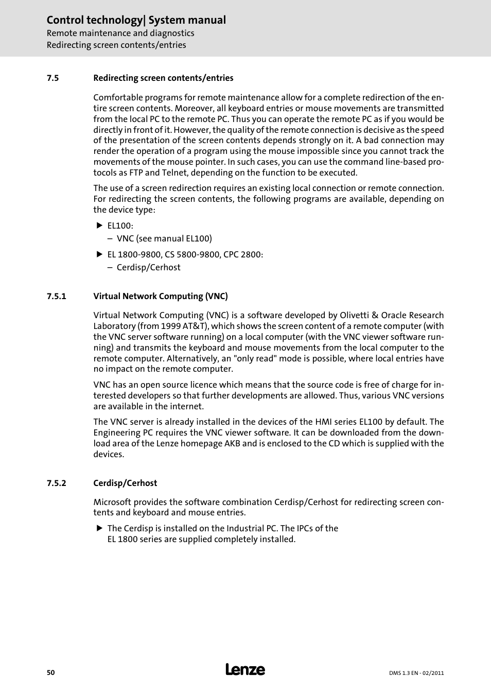 5 redirecting screen contents/entries, 1 virtual network computing (vnc), 2 cerdisp/cerhost | Control technology| system manual | Lenze PC-based automation User Manual | Page 50 / 60