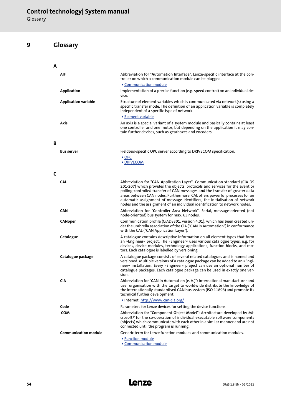 9 glossary, Glossary, Control technology| system manual | 9glossary | Lenze PC-based automation User Manual | Page 54 / 60