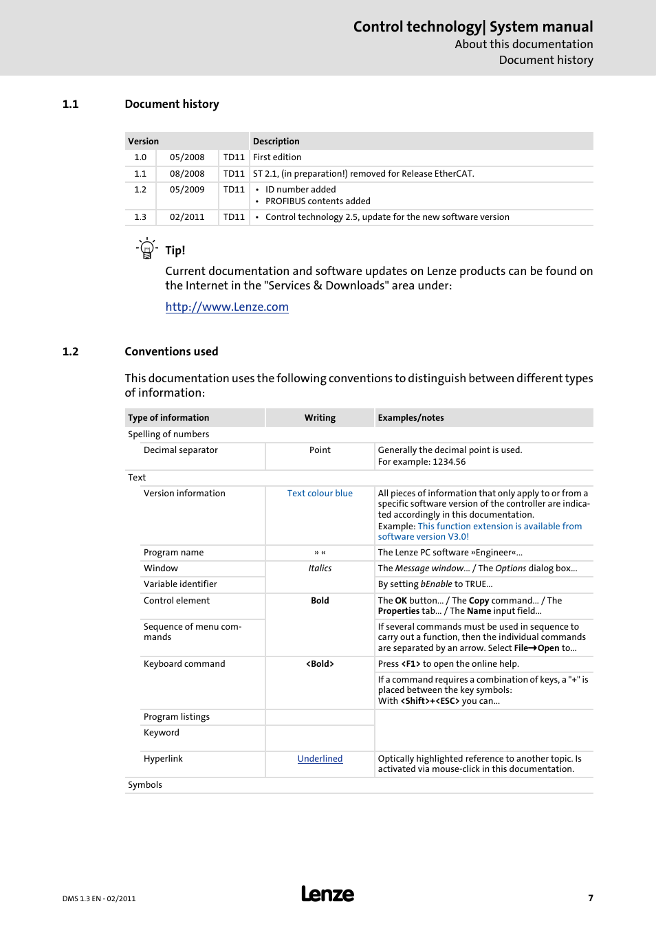 1 document history, 2 conventions used, Control technology| system manual | Lenze PC-based automation User Manual | Page 7 / 60