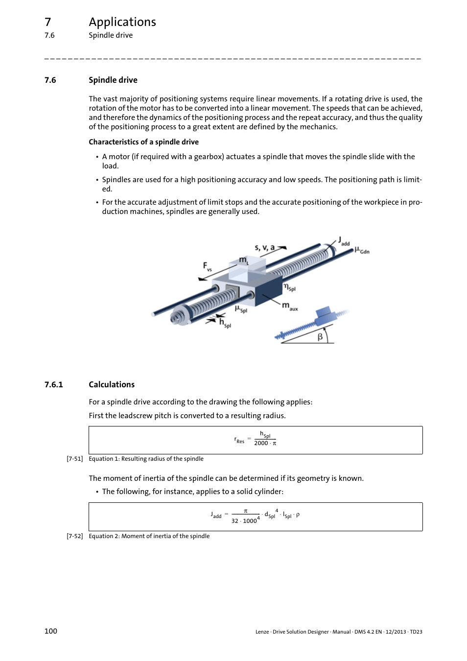 6 spindle drive, 1 calculations, Spindle drive | Calculations, 7applications | Lenze DSD User Manual | Page 100 / 496