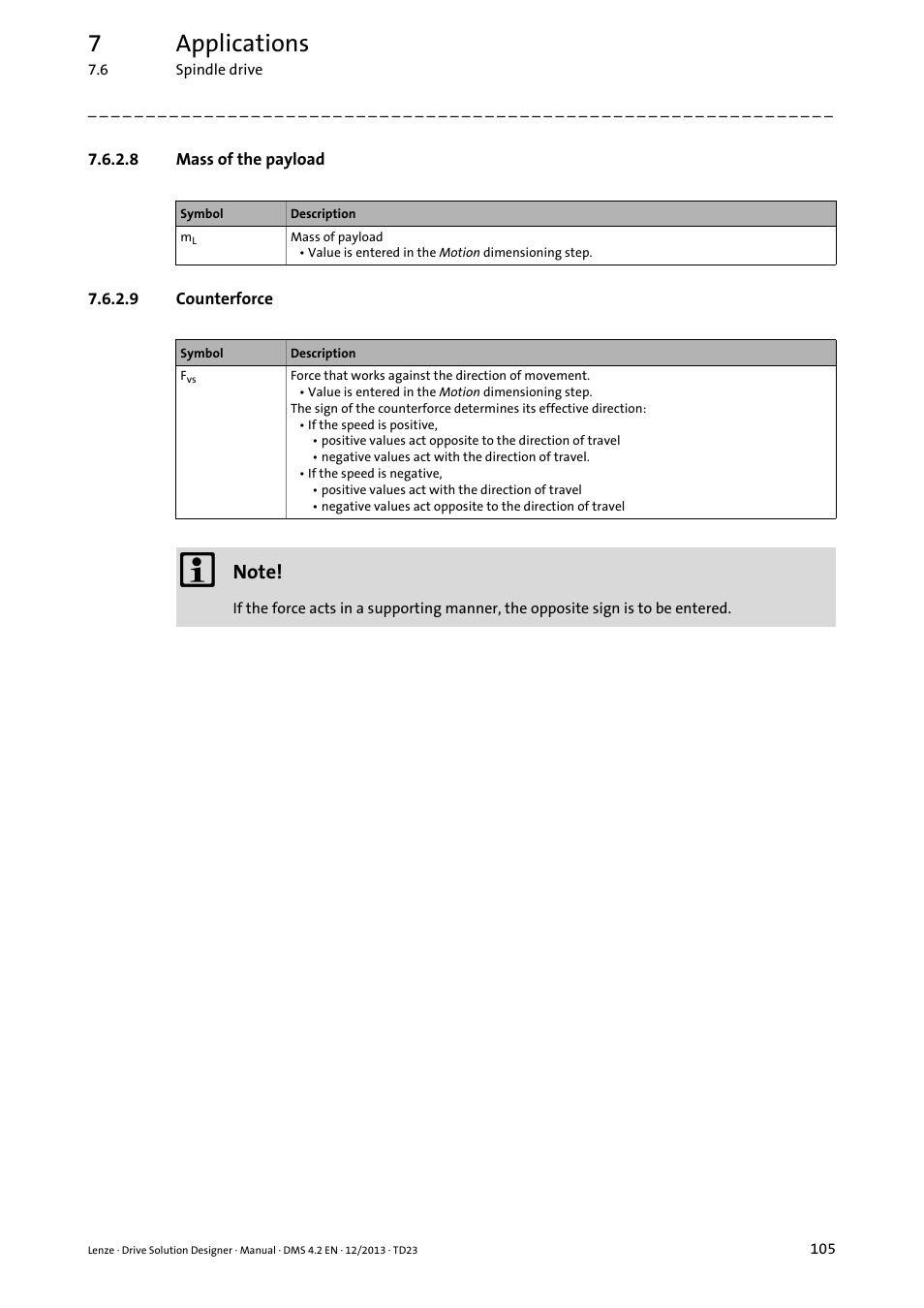8 mass of the payload, 9 counterforce, 7applications | Lenze DSD User Manual | Page 105 / 496