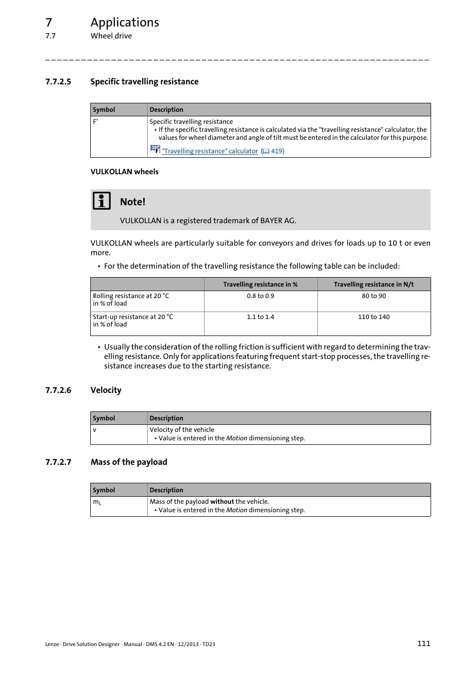 5 specific travelling resistance, 6 velocity, 7 mass of the payload | 7applications | Lenze DSD User Manual | Page 111 / 496