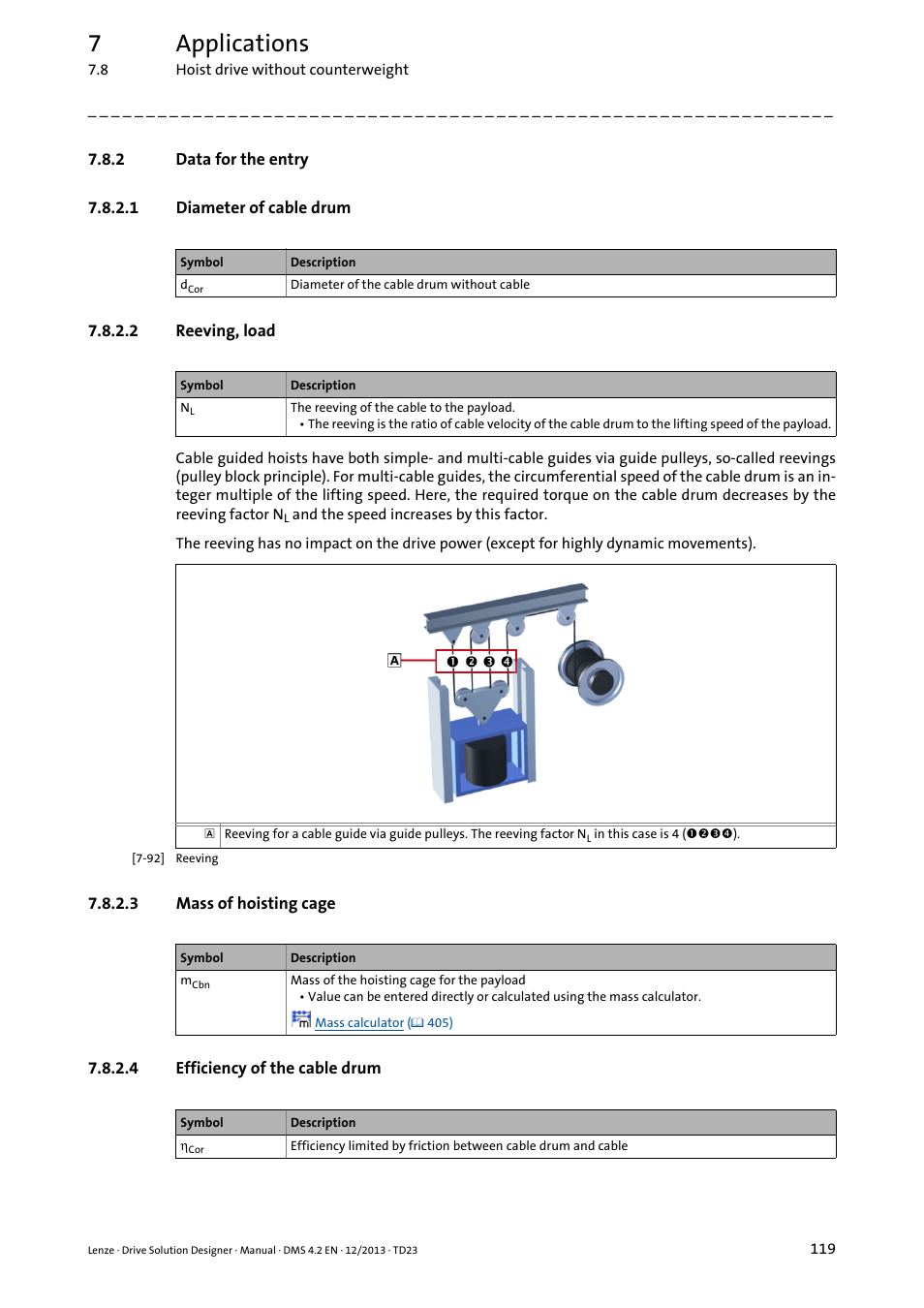 2 data for the entry, 1 diameter of cable drum, 2 reeving, load | 3 mass of hoisting cage, 4 efficiency of the cable drum, Data for the entry, 7applications | Lenze DSD User Manual | Page 119 / 496