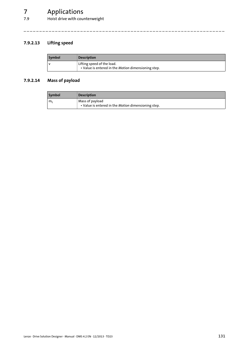 13 lifting speed, 14 mass of payload, 7applications | Lenze DSD User Manual | Page 131 / 496