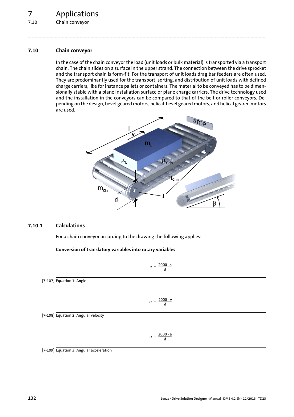 10 chain conveyor, 1 calculations, Chain conveyor | 7applications | Lenze DSD User Manual | Page 132 / 496