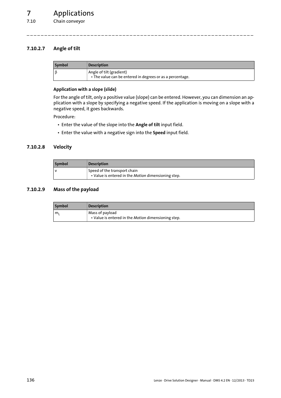 7 angle of tilt, 8 velocity, 9 mass of the payload | 7applications | Lenze DSD User Manual | Page 136 / 496