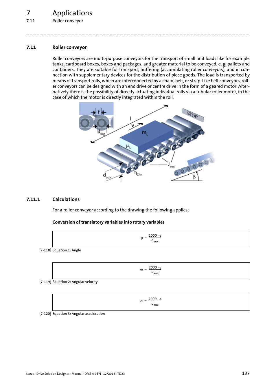 11 roller conveyor, 1 calculations, Roller conveyor | 7applications | Lenze DSD User Manual | Page 137 / 496