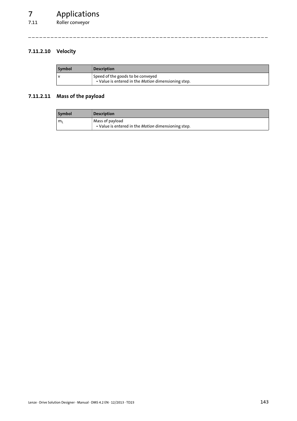10 velocity, 11 mass of the payload, 7applications | Lenze DSD User Manual | Page 143 / 496