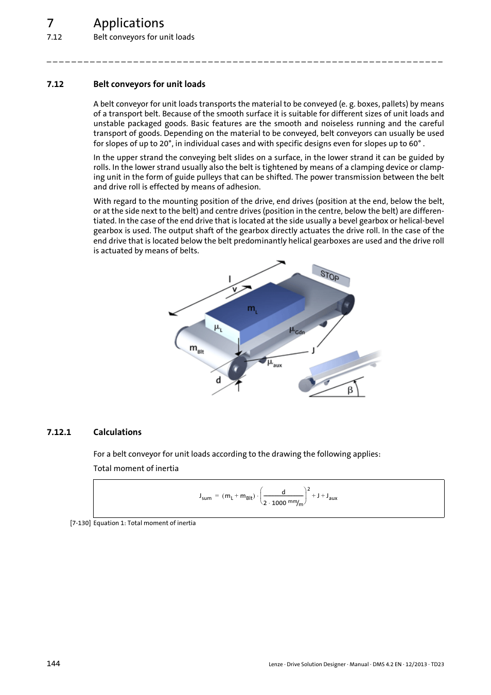 12 belt conveyors for unit loads, 1 calculations, Belt conveyors for unit loads | 7applications | Lenze DSD User Manual | Page 144 / 496