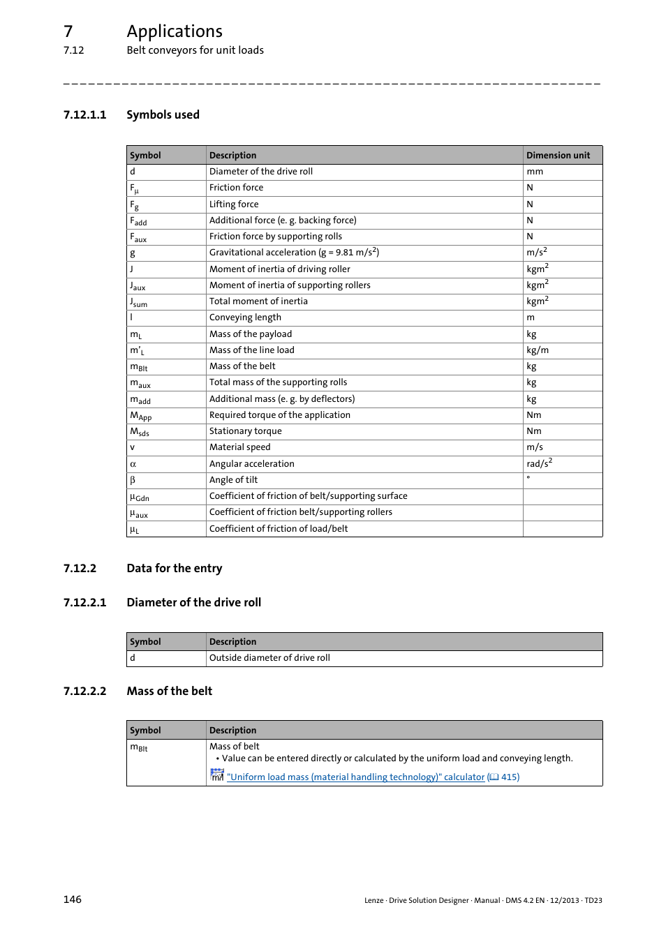 1 symbols used, 2 data for the entry, 1 diameter of the drive roll | 2 mass of the belt, 7applications | Lenze DSD User Manual | Page 146 / 496